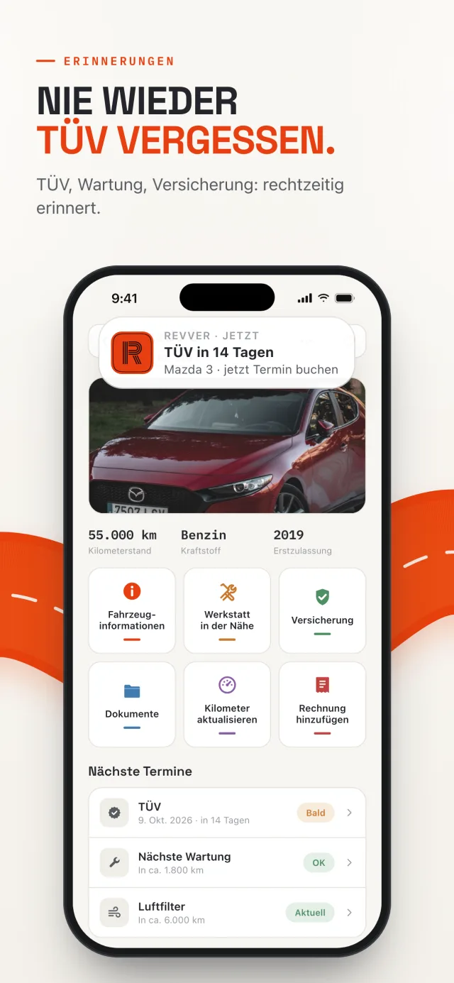 Fahrzeugprofil Mazda 3 in Revver mit einer Erinnerung: Hauptuntersuchung in 14 Tagen