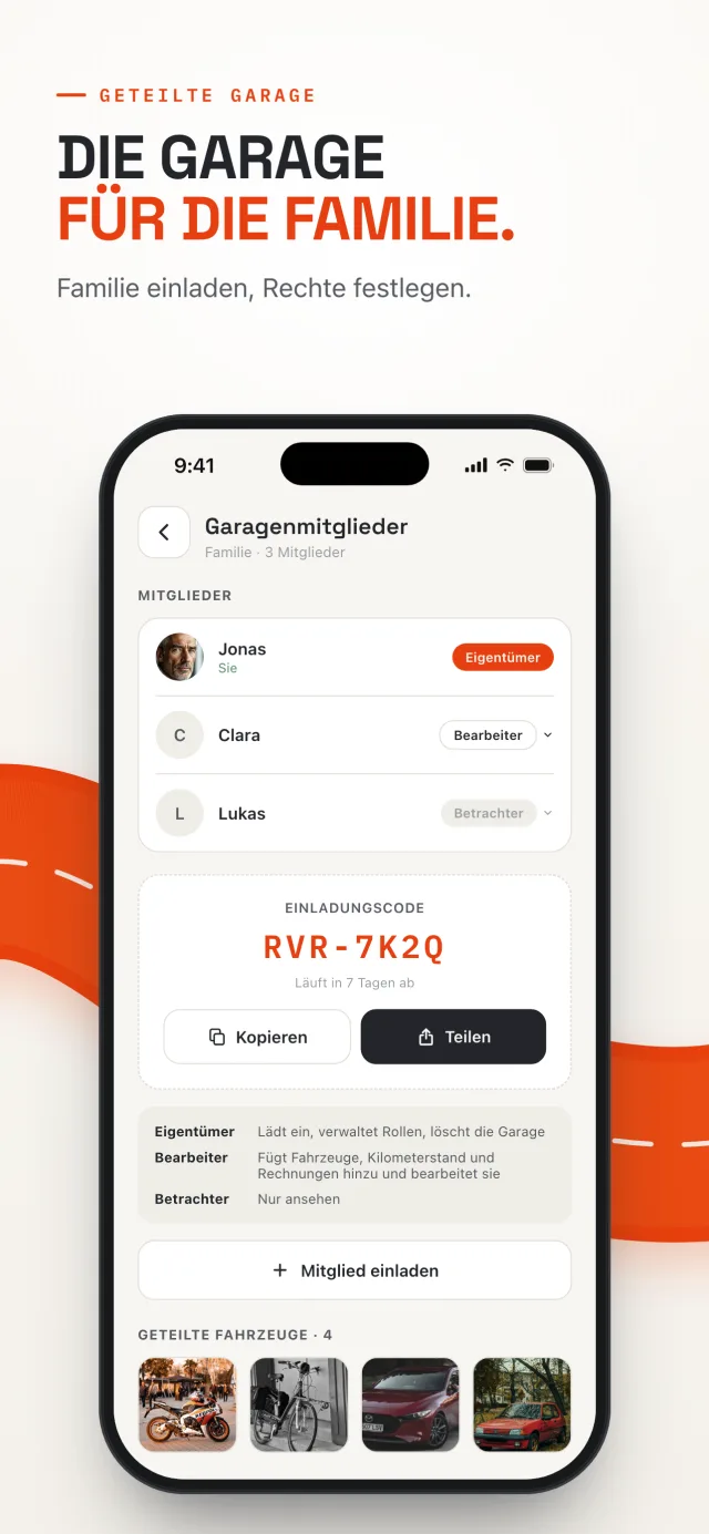 Geteilte Garage in Revver: Familienmitglieder, Rollen und Einladungscode