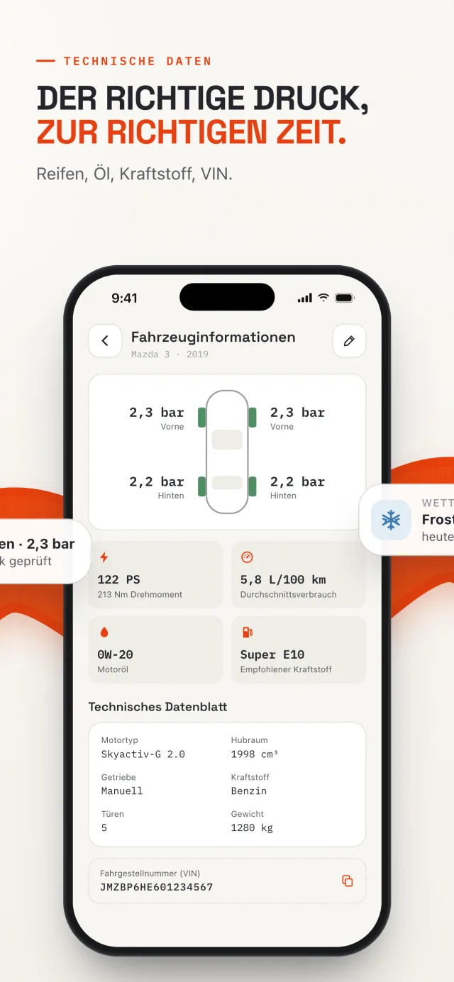 Technisches Datenblatt eines Fahrzeugs in Revver: Reifendruck, Öl, Kraftstoff und FIN