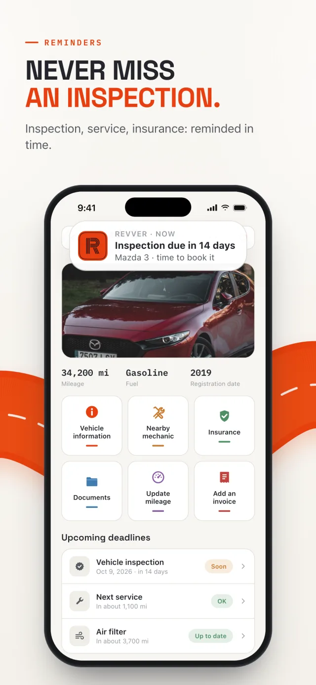 Mazda 3 vehicle page on Revver with a reminder notification: inspection due in 14 days