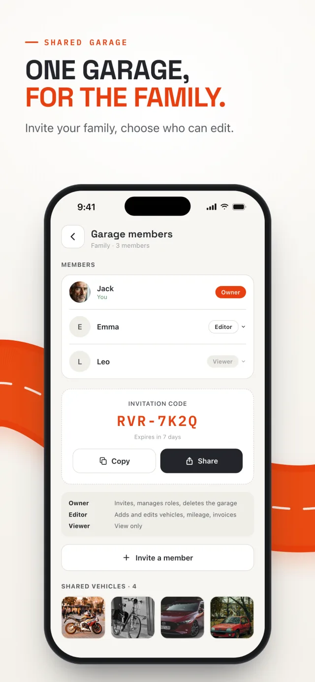 Shared garage on Revver: family members, roles and invitation code