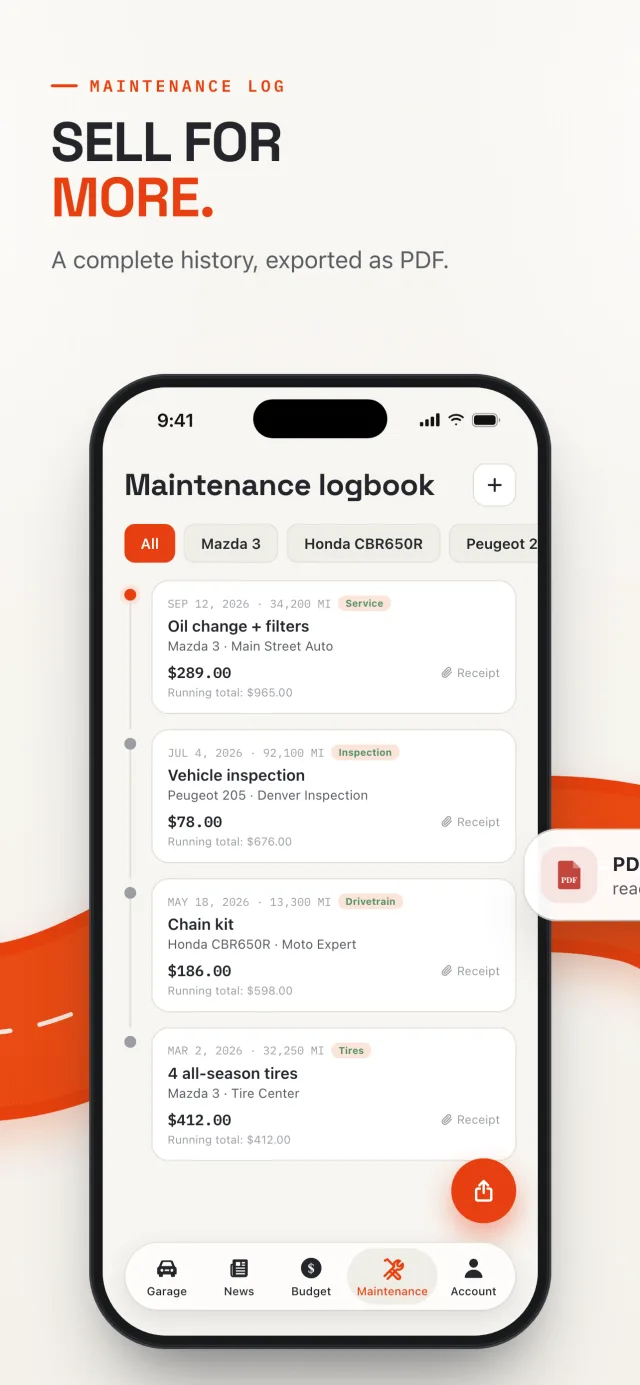 Revver's maintenance log: full service history, exportable as a PDF