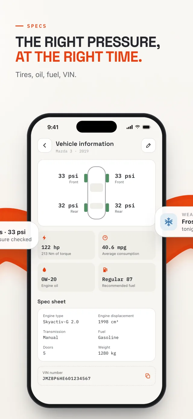 A vehicle's technical sheet on Revver: tire pressure, oil, fuel and VIN