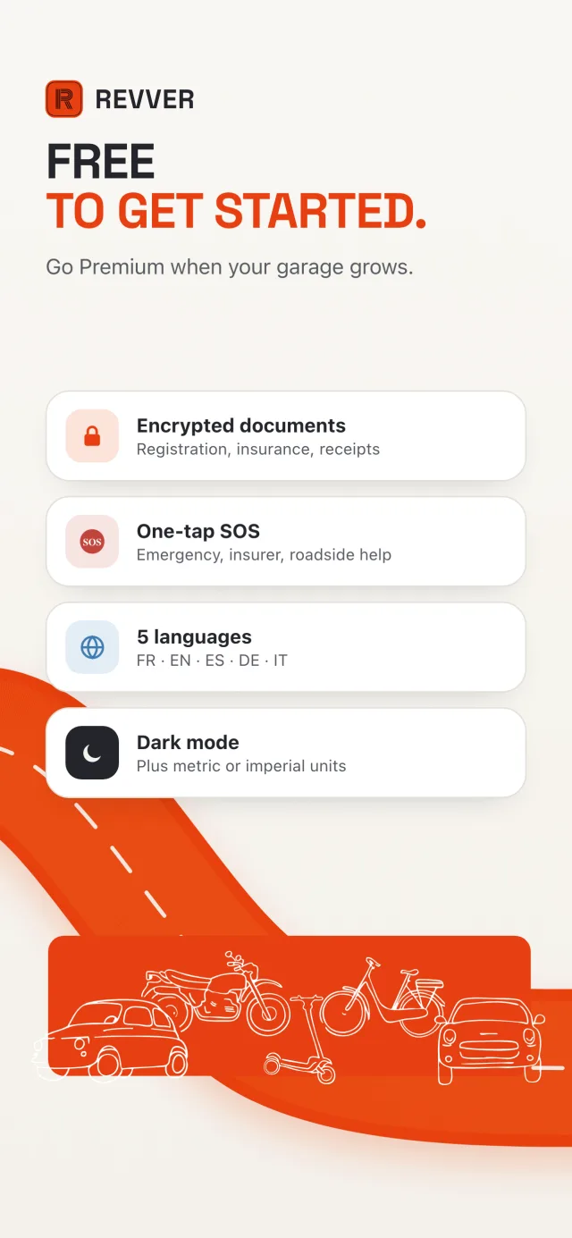 Revver is free to start: encrypted documents, one-tap SOS, 5 languages and dark mode