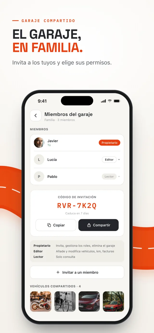 Garaje compartido en Revver: miembros de la familia, roles y código de invitación