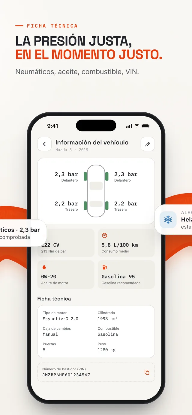 Ficha técnica de un vehículo en Revver: presión de neumáticos, aceite, combustible y número VIN