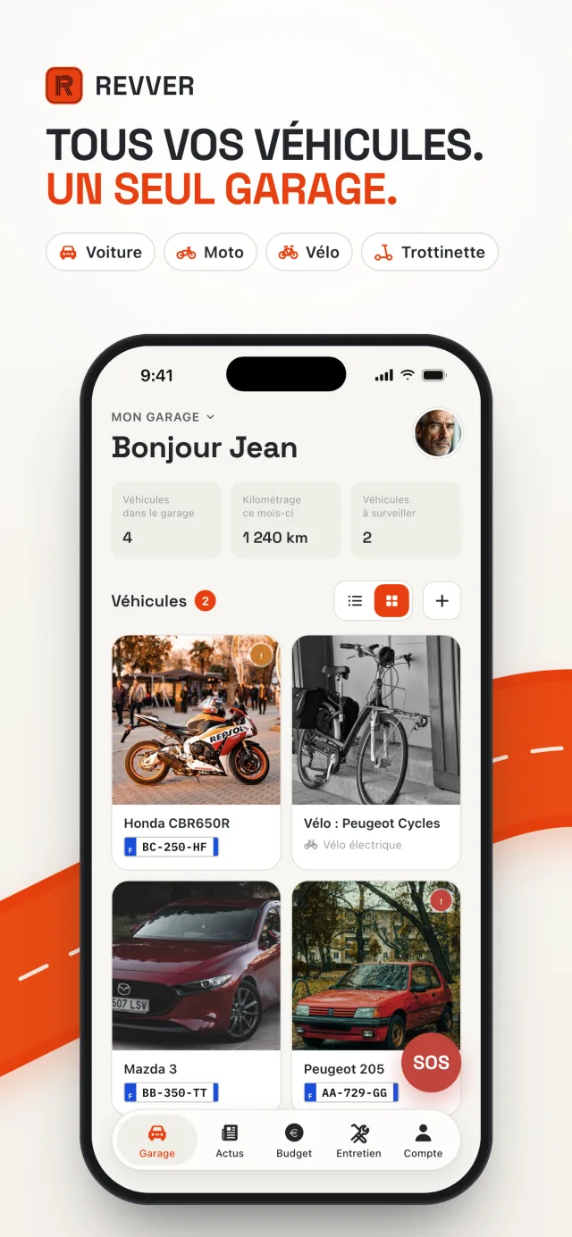 Écran Garage de Revver : tous vos véhicules — voitures, motos, vélos, trottinettes — réunis dans un seul garage