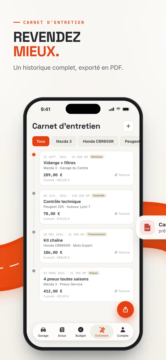 Carnet d'entretien de Revver : historique complet des interventions, exportable en PDF
