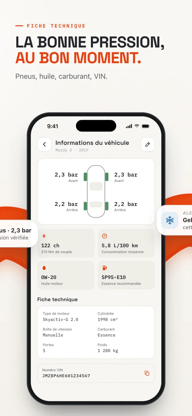 Fiche technique d'un véhicule sur Revver : pression des pneus, huile, carburant et numéro VIN