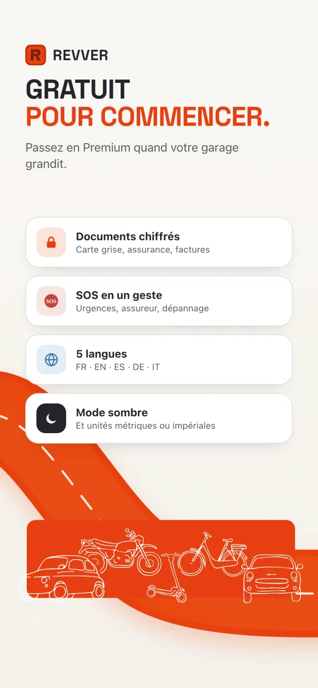 Revver est gratuit pour commencer : documents chiffrés, SOS en un geste, 5 langues et mode sombre