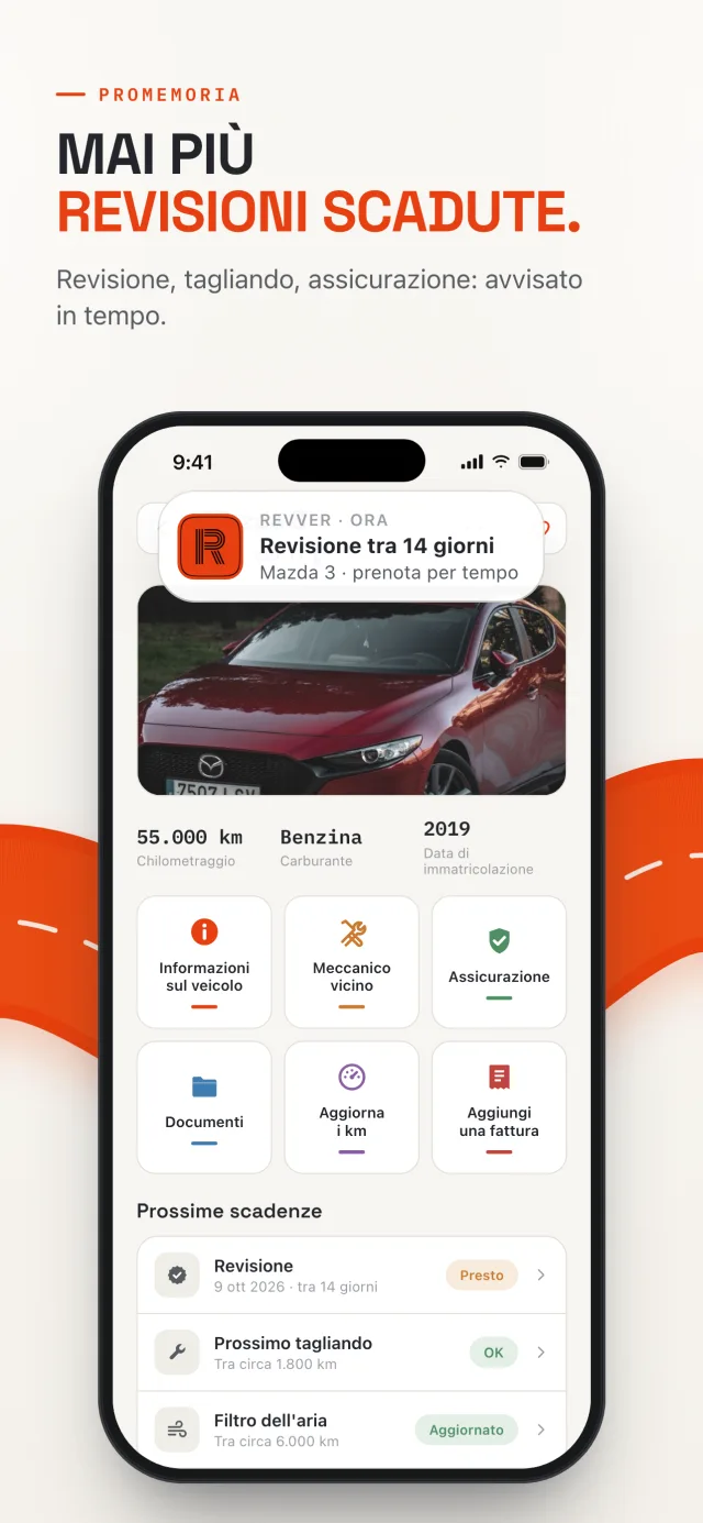 Scheda veicolo Mazda 3 su Revver con una notifica di promemoria: revisione tra 14 giorni