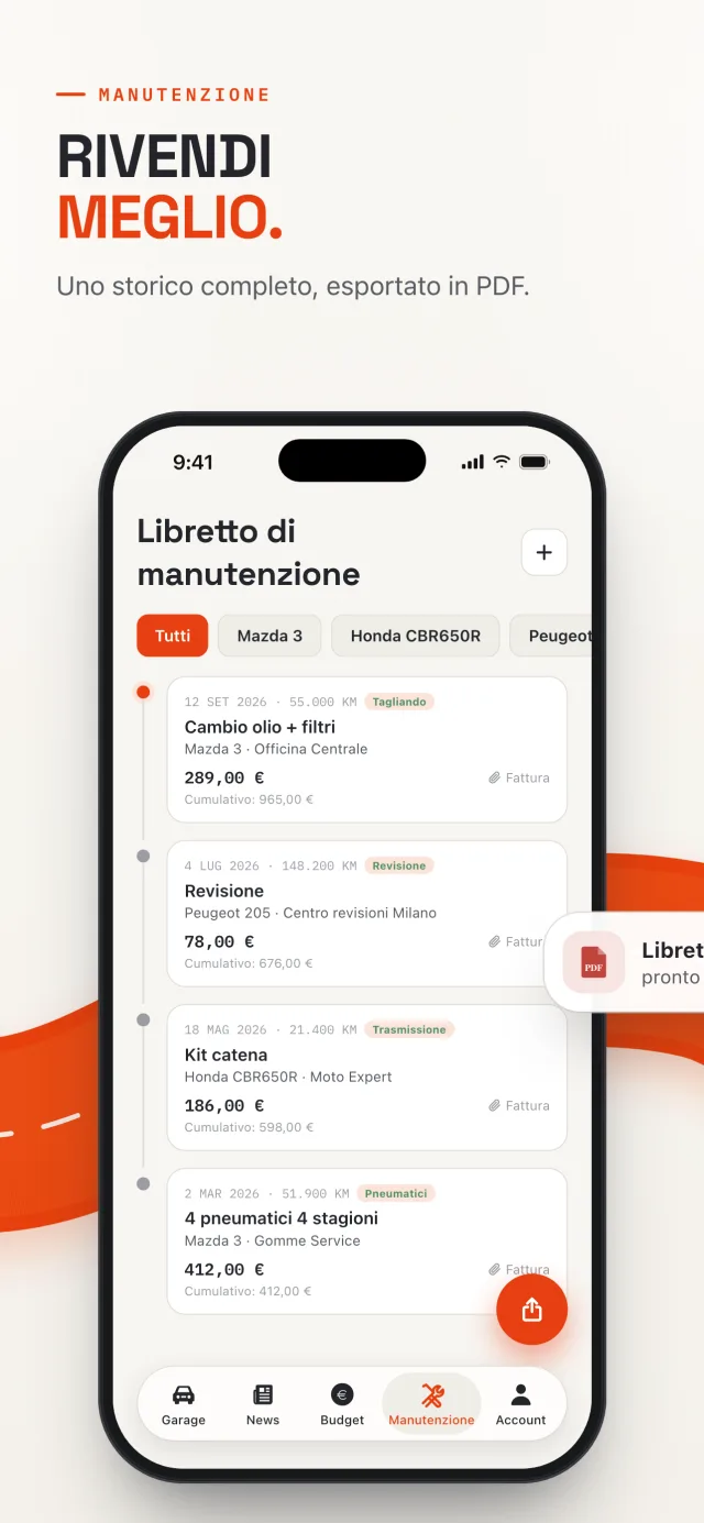 Libretto di manutenzione di Revver: storico completo degli interventi, esportabile in PDF